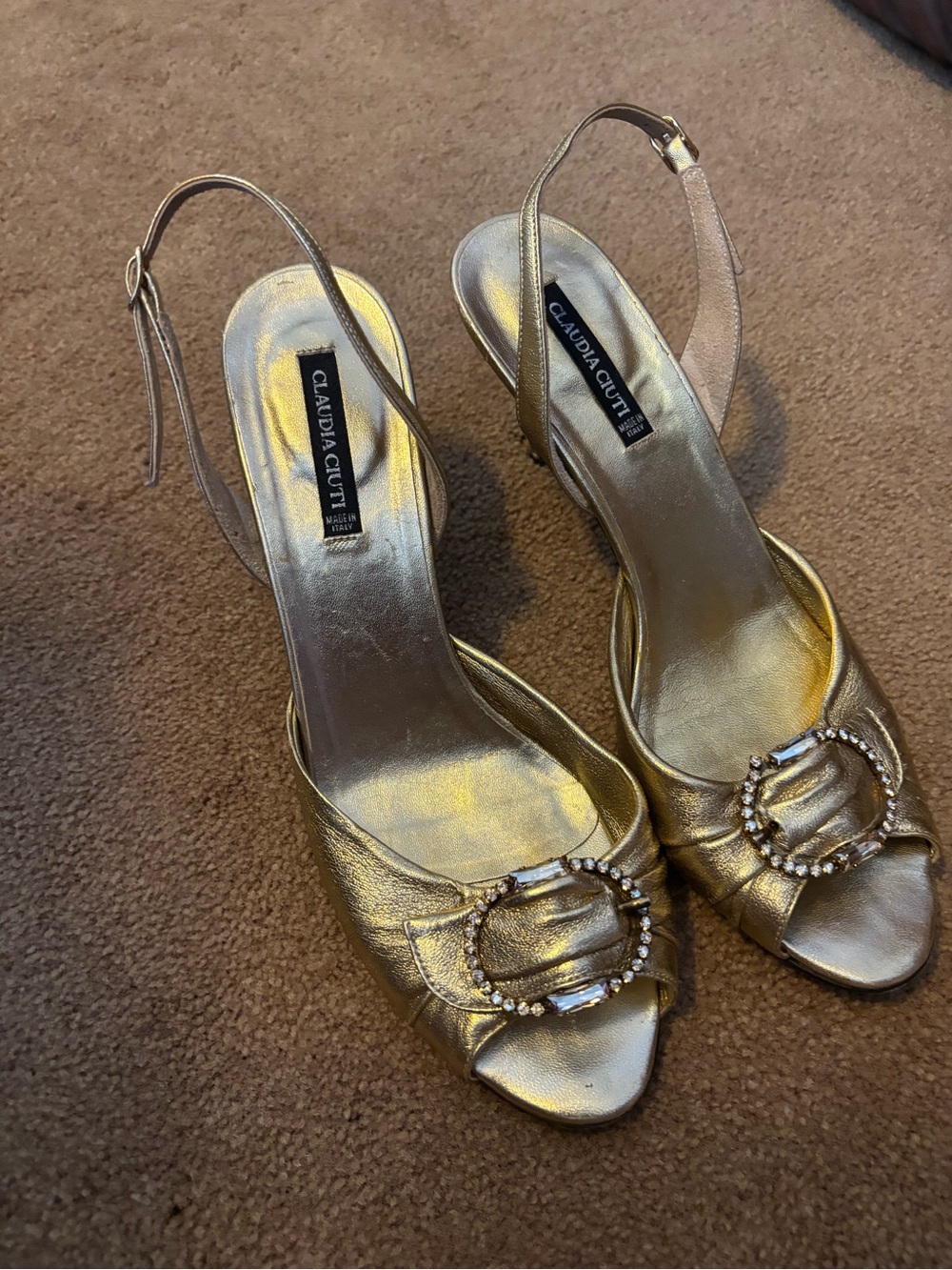 Vintage Claudia Ciuti Sz 8 Gold Leather Slingback Peep-Toe Heels